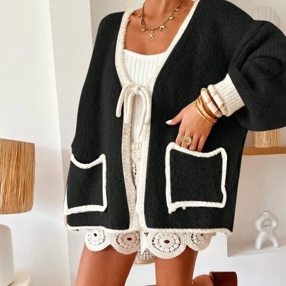 Black Casual Women's Contrast Tie Front Long Sleeve cardigan - Picture 6 of 8